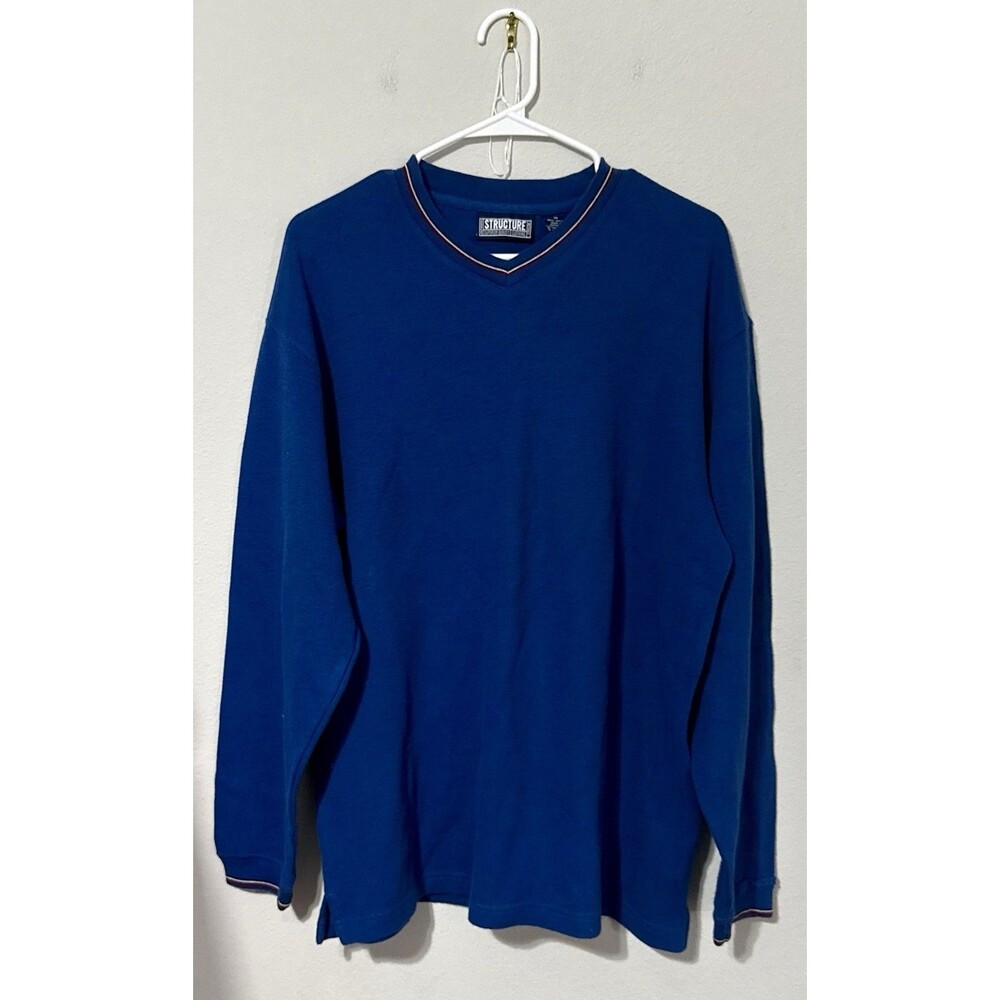 True Vintage 90s Structure Mens V-Neck Pullover Shirt Blue 100% Cotton Sz Med